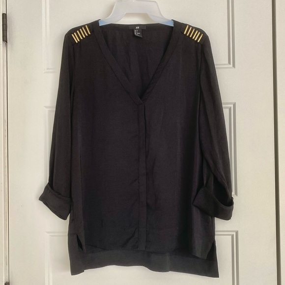 Silky Black Blouse with Gold Detailing on Shoulders Size 8 - Picture 1 of 2